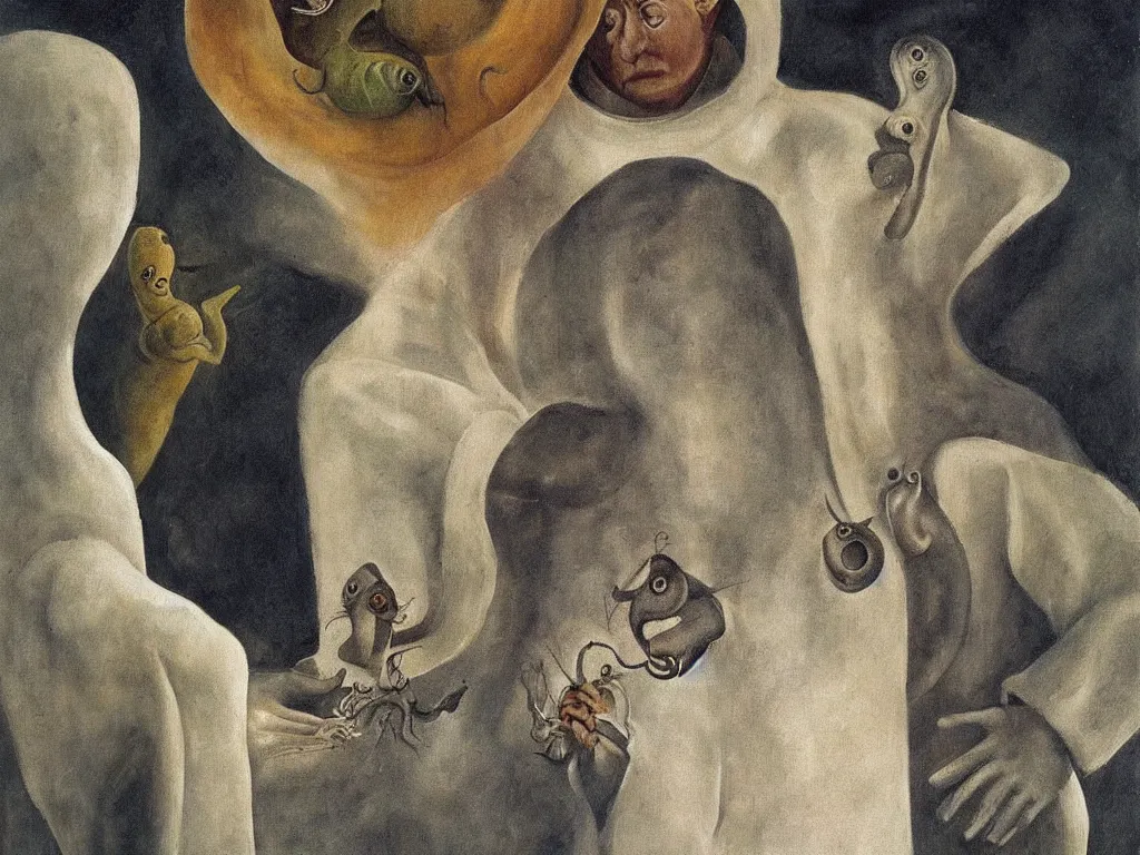 Image similar to close up portrait of man in white beekeeper suit with a surreal impossible creature from codex. painting by leonora carrington