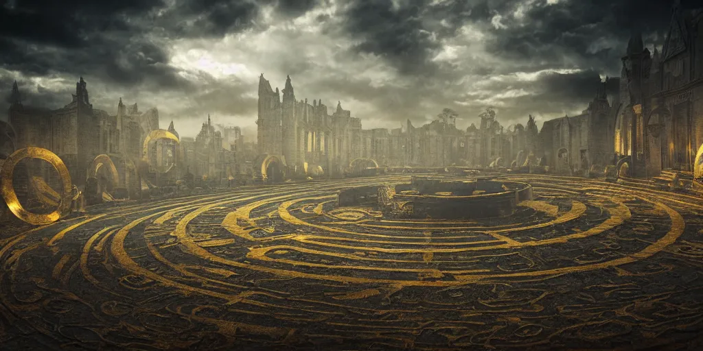 Image similar to circular labyrinth, art deco medieval style, dark vibes, golden statue in center of labyrinth, abandoned vibes, gloomy moody clouds, god sun rays, complimentary color scheme, G liulian Art style, dynamic lighting, highly detailed, cinematic landscape, studio landscape