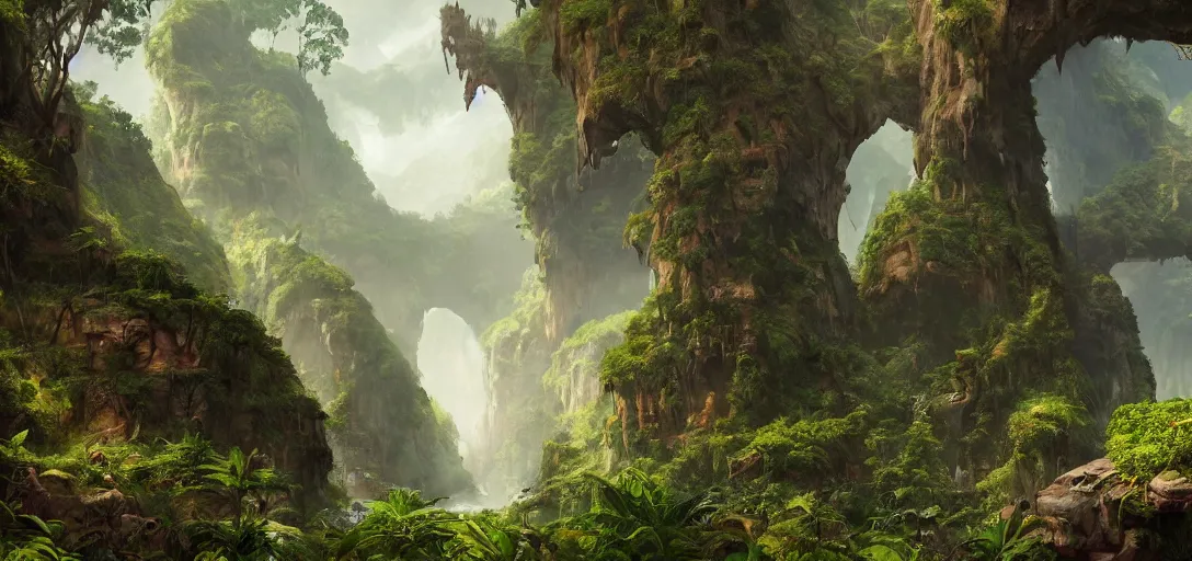 Image similar to the lost valley, rock arcs, lush vegetation, exotic forrest and plants, landscape, alex ross, eddie mendoza, raphael lacoste, sebastian ludke, concept art, matte painting, highly detailed, rule of thirds, dynamic lighting, cinematic, detailed, magnificiant landscape, denoised, centerd