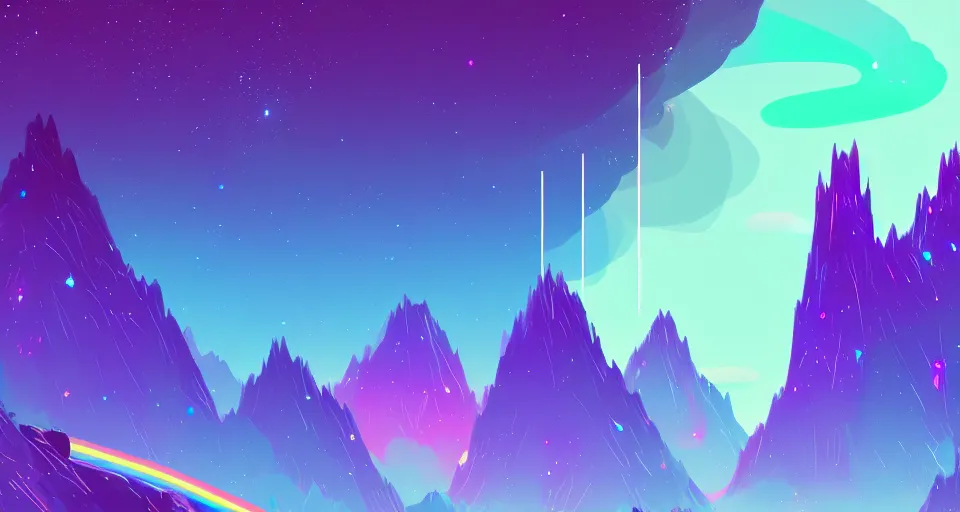 Image similar to galactic mountains surrounded with spiriling sparkling rainbow crystals and galaxies, hyper light drifter color pallet, trending on artstation