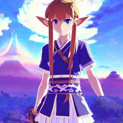 Image similar to a beautiful! young feminine link from botw, wearing japanese catholic school girl outfit with mayan pattern and native style, aztec street fashion, guilty gear art direction, perfect anime face, gapmoe yandere grimdark, trending on pixiv fanbox, painted by greg rutkowski makoto shinkai takashi takeuchi studio ghibli, akihiko yoshida