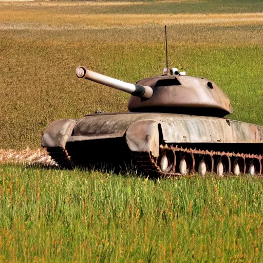 Prompt: burning tank in the middle of a field