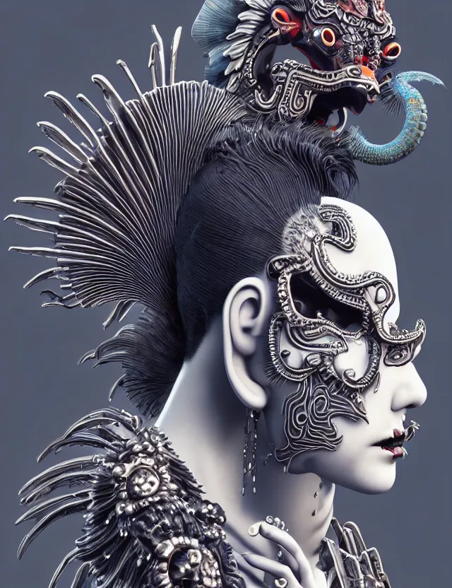 Image similar to 3 d goddess close - up profile portrait punk with mohawk with ram skull. beautiful intricately detailed japanese crow kitsune mask and clasical japanese kimono. betta fish, jellyfish phoenix, bio luminescent, plasma, ice, water, wind, creature, artwork by tooth wu and wlop and beeple and greg rutkowski