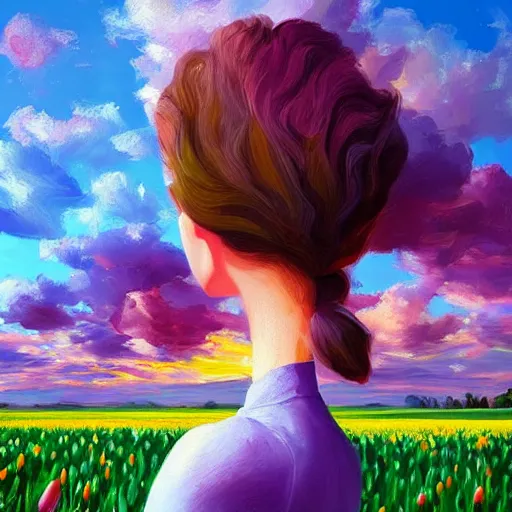 Image similar to girl with a giant tulip head, surreal photography, flower field, sunset dramatic light, impressionist painting, colorful clouds, blue sky, digital painting, artstation, simon stalenhag