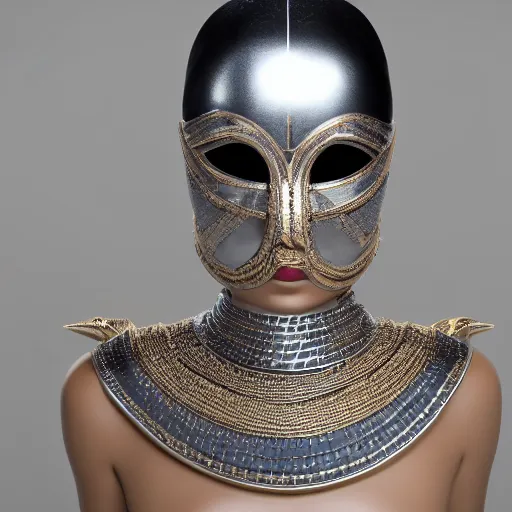 Image similar to portrait of masked dune dynasty with chanel clothes, white background, chanel logo, 8 k, symmetrical, 3 d render, octane render, insane details