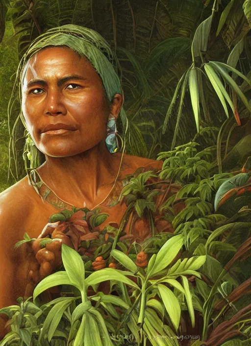 Image similar to a close up portrait of a beautiful indigenous preparing plants medicines in the jungle, highly detailed, art by christophe vacher