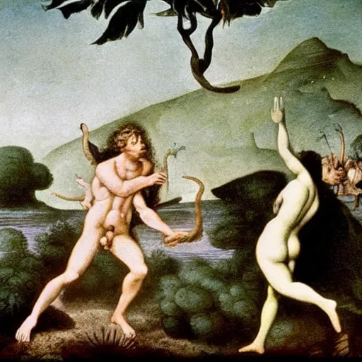 Image similar to TV News footage of Adam and Eve fleeing Eden