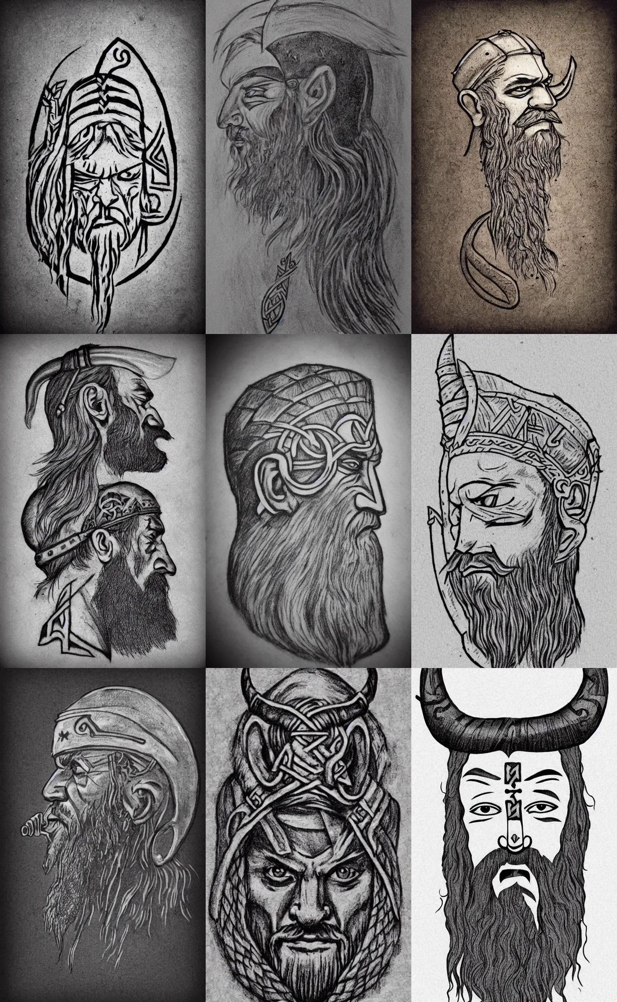 Prompt: Viking face in profile, with rune tattoos on the face, only face, drawing