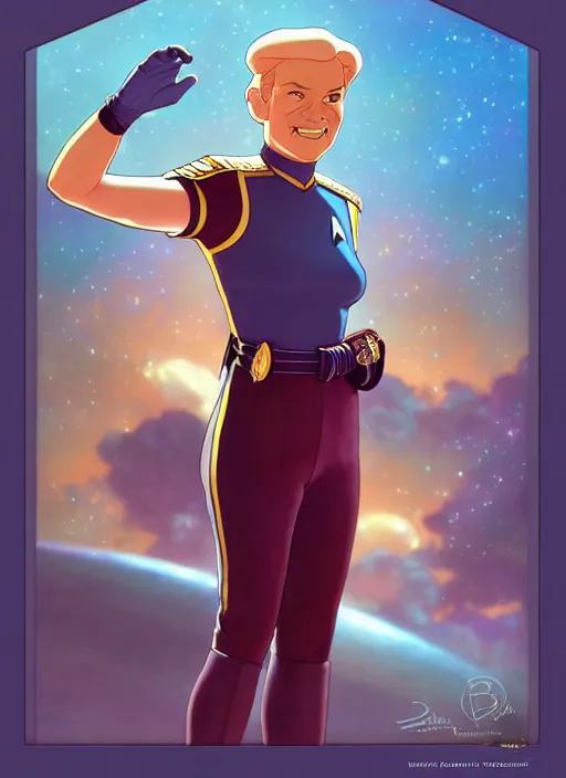 Image similar to cute star trek officer captain crunch, natural lighting, path traced, highly detailed, high quality, digital painting, by don bluth and ross tran and studio ghibli and alphonse mucha, artgerm