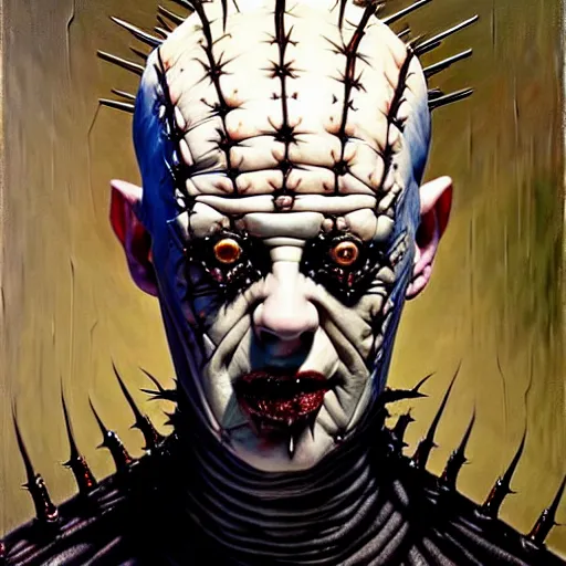 Image similar to portrait of pinhead from hellraiser. demonic cenobite. oil painting by lucian freud. path traced, highly detailed, high quality, j. c. leyendecker, drew struzan tomasz alen kopera, peter mohrbacher, donato giancola