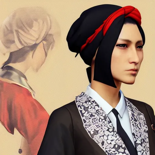 Image similar to [Emma Bonino] in Yakuza videogame, she is wearing a kimono and a turban,artwork 8k, trending on artstation