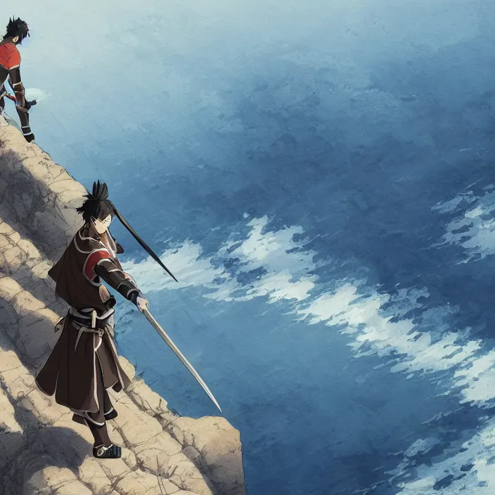 Prompt: an ( ( ( ( anime ) ) ) ) still of a ronin samurai standing on the edge of a cliff overlooking the ocean, confident looking, finely detailed features, perfect art, at an ancient castle, trending on pixiv fanbox, painted by greg rutkowski makoto shinkai takashi takeuchi studio ghibli, akihiko yoshida