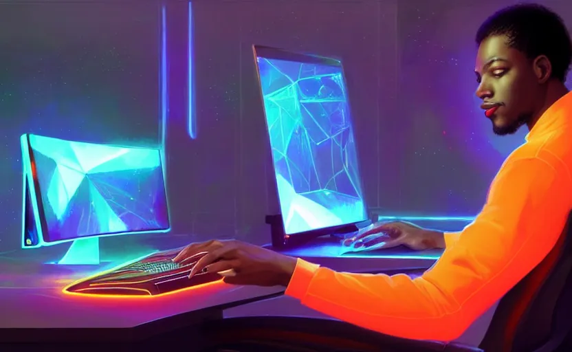 Image similar to handsome black genius at his gaming pc, holographic keyboard and curved digital holographic displays, luxury interior, electric orange glowing lights, highly detailed, digital painting, artstation, concept art, smooth, sharp focus, illustration, art by wlop, mars ravelo and greg rutkowski