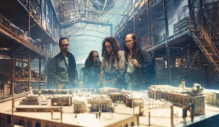 Prompt: group of people in simple warehouse, looking at hologram of futuristic dense metropolis on a table, cinematic concept art, godrays, golden hour, natural sunlight, 4 k, clear details, tabletop model buildings, center model buildings, hologram center, crane shot, crane shot, crane shot