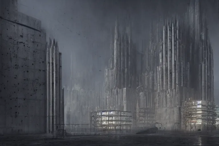 Image similar to extremely detailed cathedral of brutalist architecture, buildings covered with greebles, steel, concrete, mist, night, dramatic lighting, trending on Artstation, 8k, photorealistic, hyper detailed, unreal engine 5, IMAX quality, cinematic, epic lighting, in the style of Greg Rutkowski