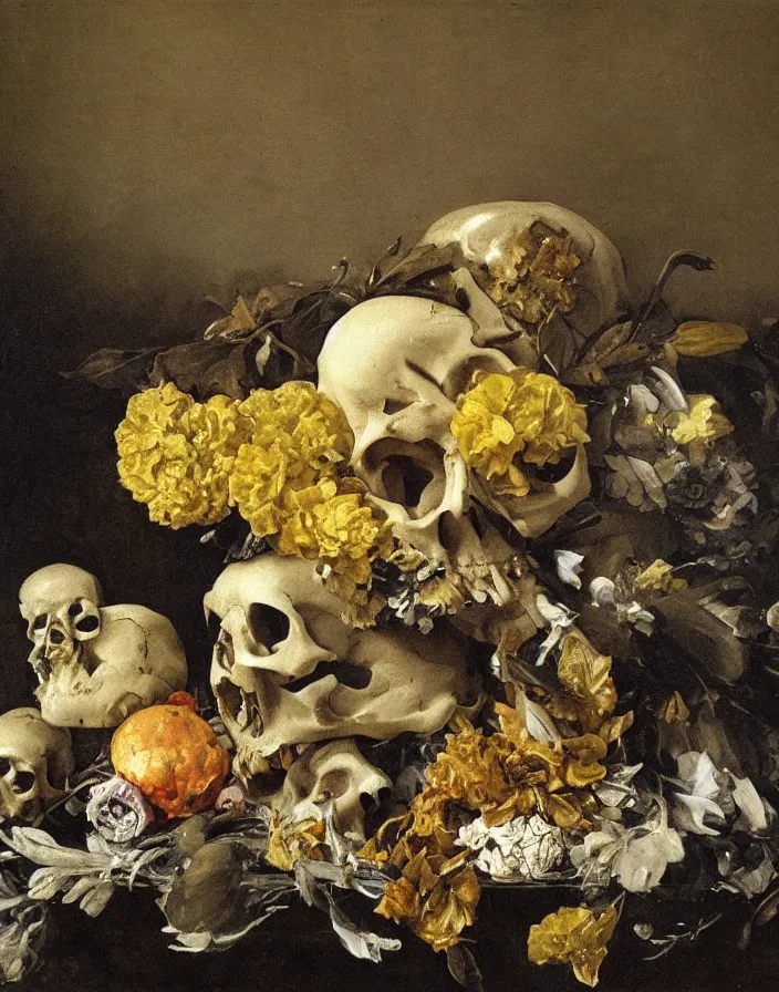 Image similar to still life painting with one skull on a silver platter surrounded by dead flowers and rotten fruit, light from one candle by Diego Velázquez and francisco goya, anatomical, realistic, wet, slimy