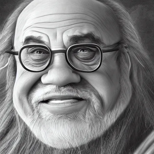 Image similar to portrait danny devito as gandalf, deviantart, smile, ultra realistic illustration, final fantasy, high quality