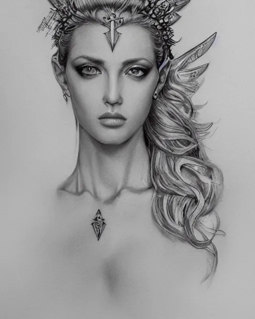 Image similar to front view of beautiful super model aphrodite greek goddess wearing a gold laurel wreath and triangle earrings, realism tattoo sketch, beautiful piercing eyes with sharp pupils, beautiful blonde hair, in the style of greg rutkowski, fantasy, amazing detail, epic, elegant, smooth, sharp focus