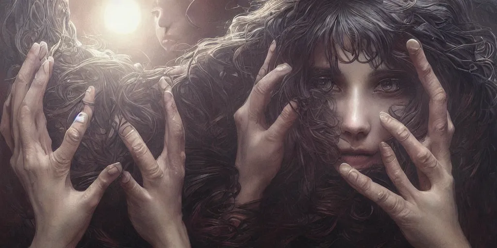 Prompt: many hands, gnarled fingers, intense black eyes, intense black hair, many mouths, just hands and eyes and mouths, intense lighting, light beams, lens flare, intricate, elegant, highly detailed, digital painting, artstation, concept art, smooth, sharp focus, illustration, art by artgerm and greg rutkowski and alphonse mucha