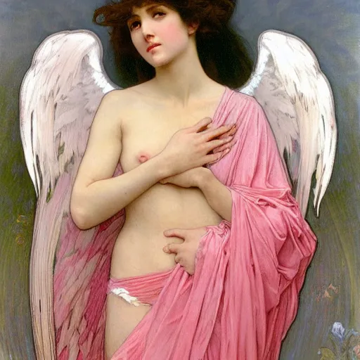 Prompt: painting of a beautifully robed angel with long thick pink hair with huge white feather wings, intricate, elegant, hyperdetailed, by alphonse mucha and william - adolphe bouguereau and john william waterhouse