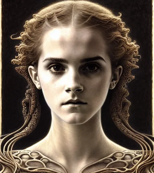 Image similar to detailed realistic beautiful young medieval alien robot emma watson face portrait by jean delville, gustave dore and marco mazzoni, art nouveau, symbolist, visionary, gothic, pre - raphaelite. horizontal symmetry by zdzisław beksinski, iris van herpen, raymond swanland and alphonse mucha. highly detailed, hyper - real, beautiful, fractal baroque