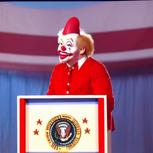 Image similar to president clown giving a speech in television