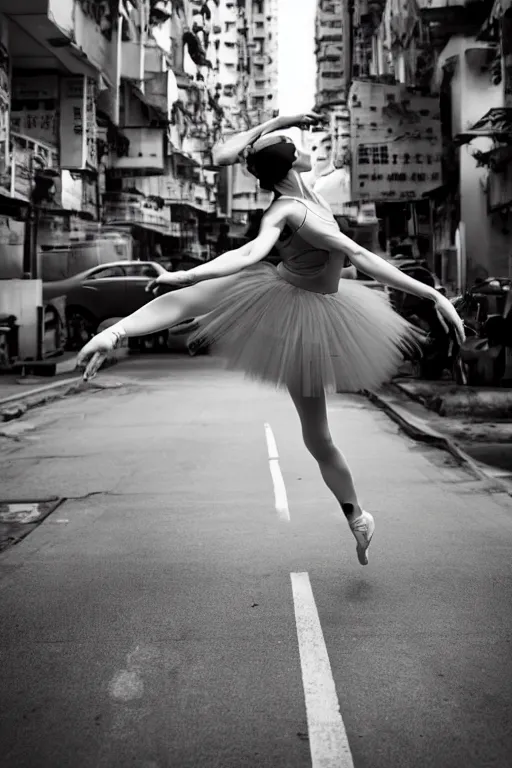 Image similar to a dynamic photograph of a ballet dancer in a dystopic Hong Kong street. Realism.