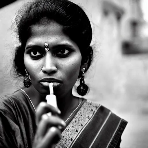 Image similar to portrait of a sri lankan woman smoking cigarette, 8 0's style