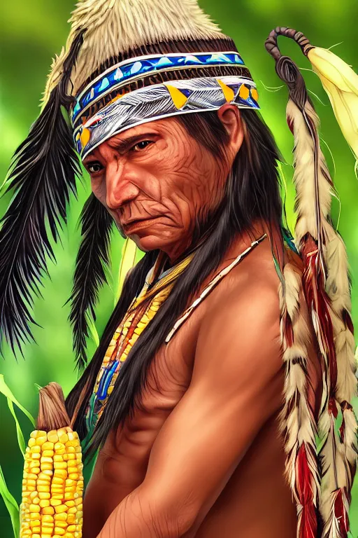 Prompt: a native american with corn for skin, highly detailed, digital art, sharp focus, trending on art station, anime art style