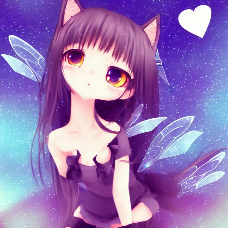 Image similar to cute, full body, female, anime style, a cat girl with fairy wings, large eyes, beautiful lighting, sharp focus, simple background, creative, heart effects, filters applied, symmetrical body