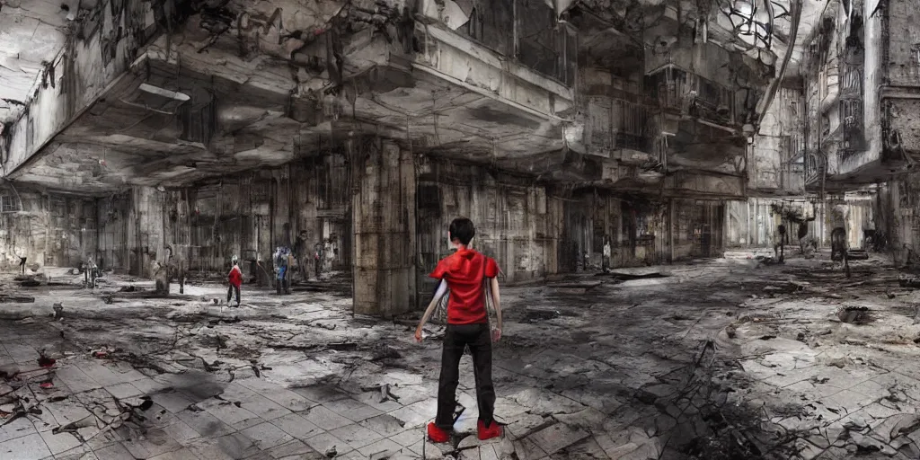 Image similar to cinematic shots of teenagers with tech clothing and hoods and tactical masks doing risky parkour inside huge urbex environments, dystopian future, industries in ruins, sci - fi, night lights, haze, concept art, intricate, in the style of katsuhiro otomo, akira, unreal engine