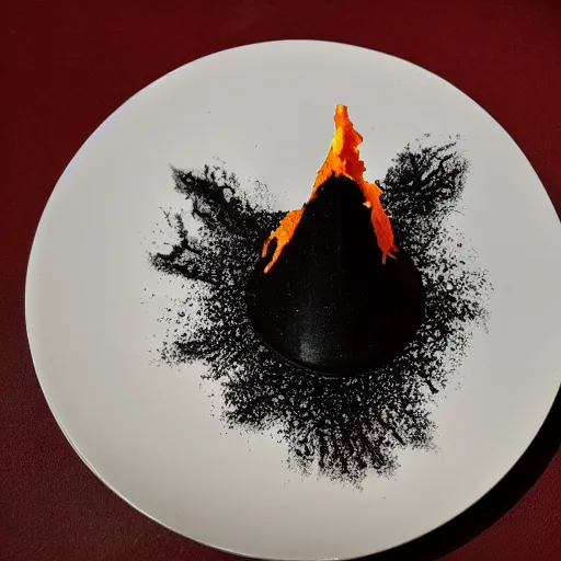 Prompt: miniature volcano on dinner plate