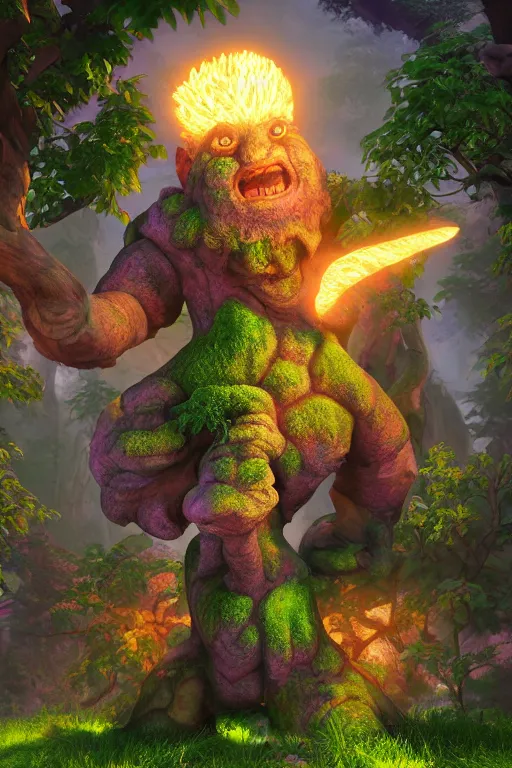 Image similar to arcane fantasy art giant golem elemental wood rock bastion forged gemstone enchanted forest troll, global illumination ray tracing hdr fanart arstation by sung choi and eric pfeiffer and gabriel garza and casper konefal lisa frank zbrush central hardmesh radiating a glowing aura