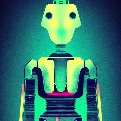 Prompt: portrait of a robot, colorful, modern art deco, mads berg, karolis strautniekas, christopher balaskas, stippled light, fog, moody, fine texture, editorial illustration, dramatic lighting, dynamic composition, detailed, matte print, dynamic perspective, muted color