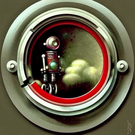 Image similar to designs ( ( ( ( ( 1 9 5 0 s retro future robot android time porthole portal window. muted colors. ) ) ) ) ) by jean baptiste monge!!!!!!!!!!!!!!!!!!!!!!!!! chrome red