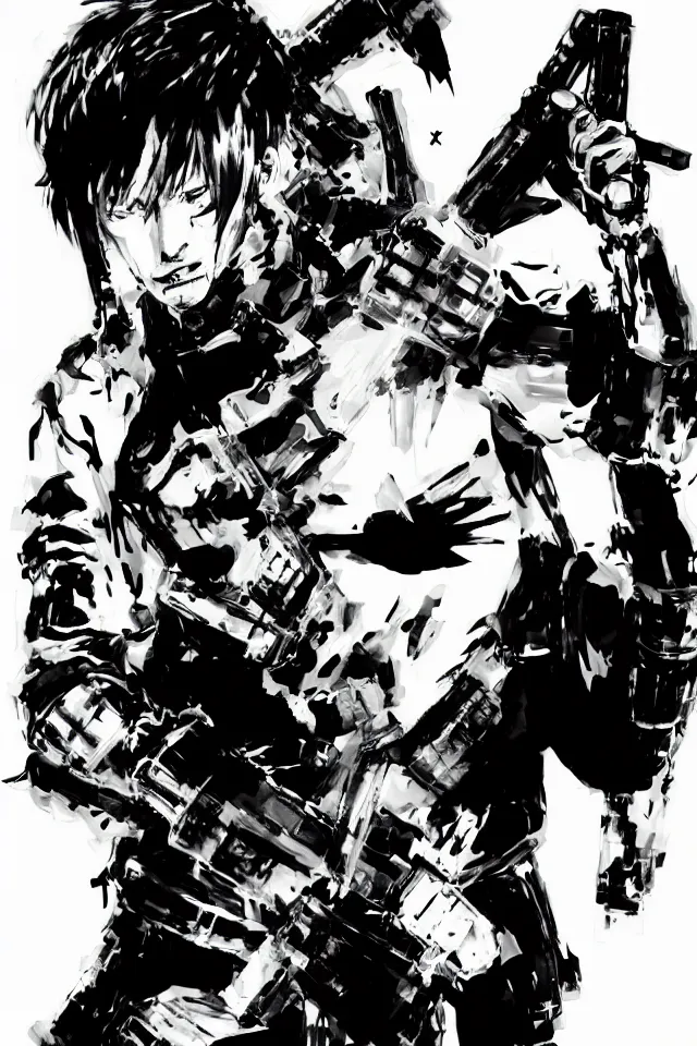 Image similar to a full - body portrait of chainsaw man, in yoji shinkawa's art style, metal gear solid art style, manga, highly detailed, 4 k, artistic, white background, b & w