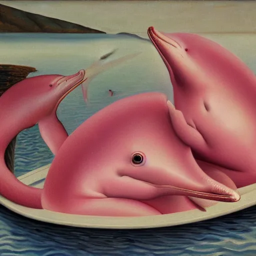Image similar to a highly detailed oil painting of 2 pink dolphins in a cheese world, 4 k, trending on art station, in the style of dali, boch, matisse caravaggio, comical