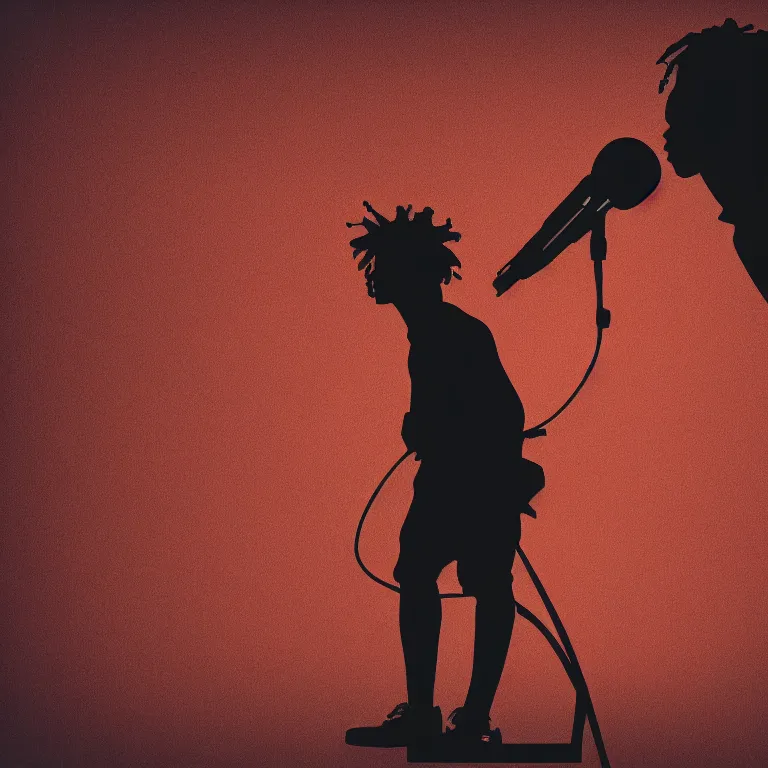 Image similar to silhouette of rapper performing with microphone, realistic, 4k