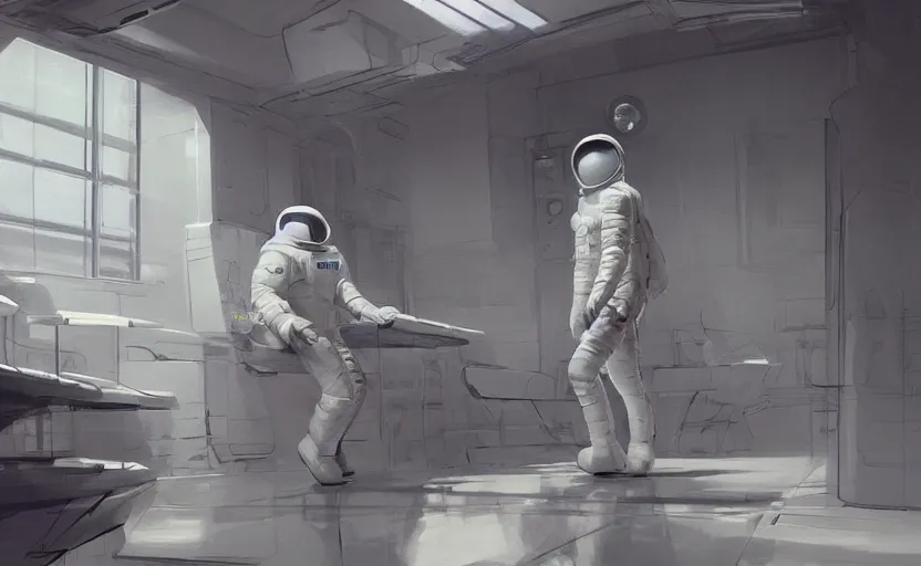 Prompt: a beautiful artwork illustration, concept art sketch of an astronaut in a white futuristic suit in the locker room, volumetric fog, godrays, high contrast, high contrast, high contrast, vibrant colors, vivid colors, high saturation, by Greg Rutkowski and Jesper Ejsing and Raymond Swanland and alena aenami, featured on artstation, wide angle, vertical orientation