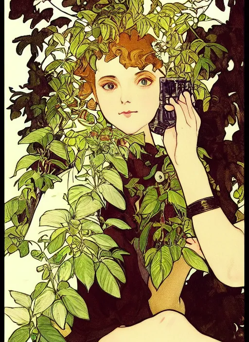 Image similar to photographer looking through a vintage camera, design on white background, beautiful details, lush foliage, gold, drawn by john singer sargent, studio ghibli, alphonso mucha, lolish, trending on artstation