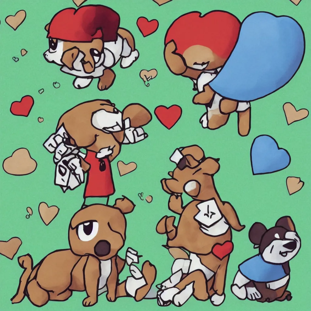 Image similar to character from Animal Crossing saying I love you! with a heart and puppy eyes