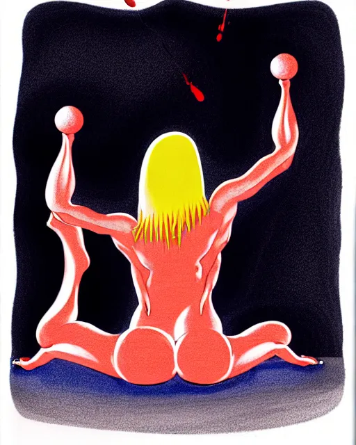 Prompt: bemused to be momentarily sacrificed by a flesh-eating blob creature, hands restrained above her head, a young woman with medium length bright blonde hair and slender figure in a black silk tank top and navy blue gym shorts in complete focus, looking upwards in a room of lava lamps, complex artistic color ink pen sketch illustration, professional composition, subtle detailing, gentle shadowing, fully immersive reflections in her eyes, concept art by Artgerm and Range Murata in collaboration.