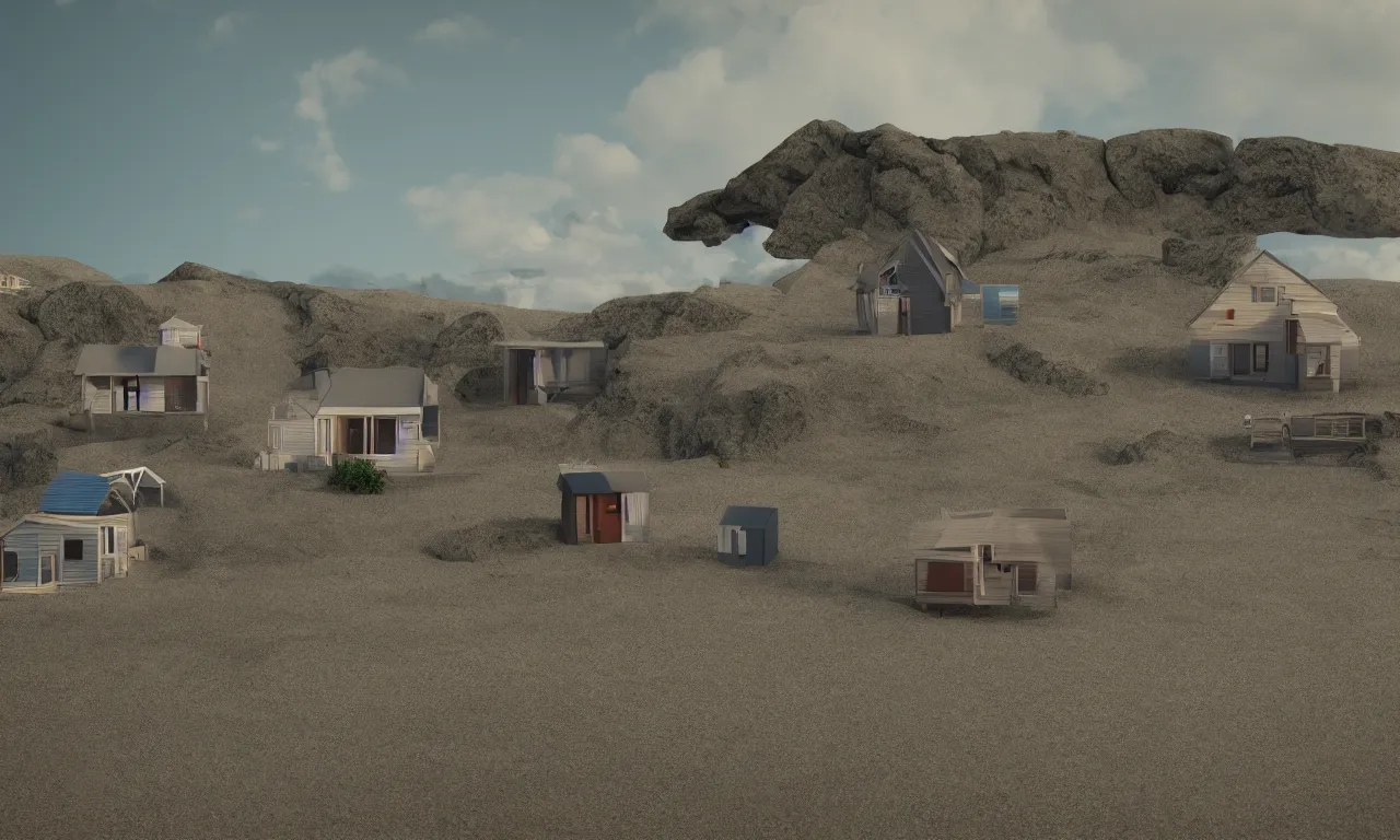 Prompt: a couple of small houses sitting on top of a windy beach, a digital rendering by christian hilfgott brand, featured on dribble, photorealism, rendered in unreal engine, vray tracing, physically based rendering