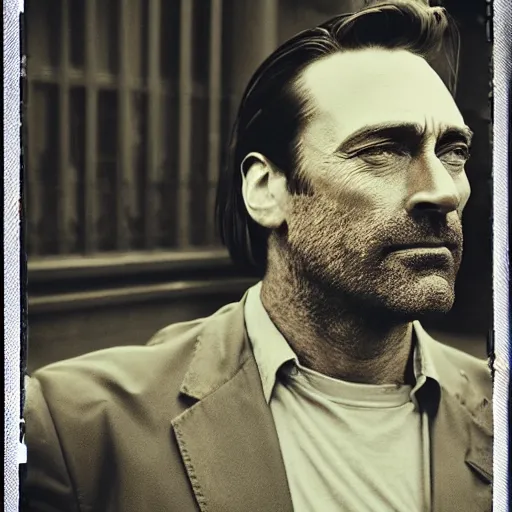 Image similar to polaroid picture, sepia, homeless jon hamm in the streets of houston, unshaved, perfect face, symmetrical face, fine details, day setting, ethereal, trending on artstation