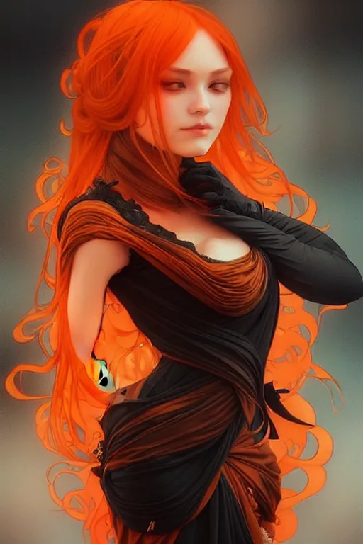 Prompt: orange black, dark fantasy, intricate, elegant, highly detailed, digital painting, artstation, concept art, matte, sharp focus, illustration, art by artgerm and alphonse mucha