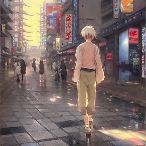 Prompt: Stunning portrait of Anime pants Legs with no torso walking down the street of anime Tokyo Japan, Pixiv, Thomas Kinkade, Greg Rutkowski