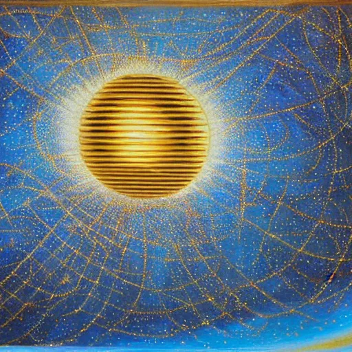 Image similar to a giant blue star inside a golden artificial megastructure, highly detailed artwork, oil painting