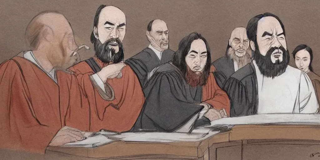 Prompt: Confucius and jury trial in the american courtroom sketch by Christine Cornell by Batton Lash by John M. Downs by Leo Hershfield, judge with face of clint eastwood, concept art