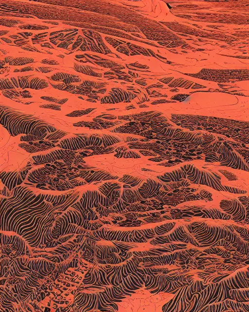 Image similar to bioremediation in the vast desert by woodblock print, nicolas delort, moebius, victo ngai, josan gonzalez, kilian eng