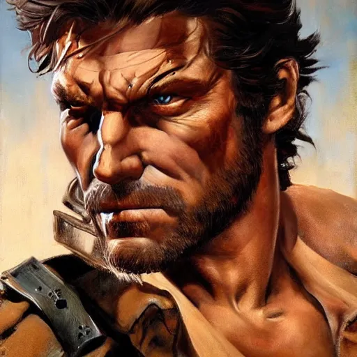 Prompt: ultra realistic portrait painting of solid snake as a western outlaw, art by frank frazetta, 4 k, ultra realistic, highly detailed, epic lighting